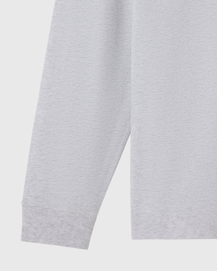 Ash heather grey long-sleeve tee with ribbed cuffs and hem, shown on flat lay.