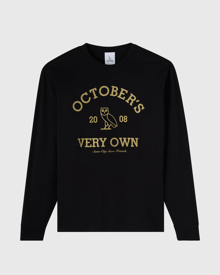 Black long-sleeve tee with gold "October's Very Own" text and owl graphic featuring "2008" and tagline.