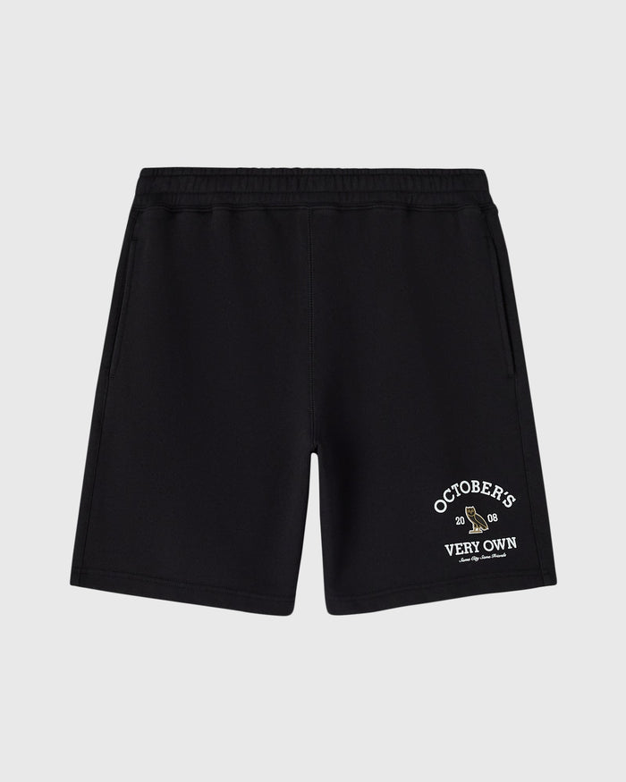 Black shorts with elastic waistband and "Octobers Very Own" graphic printed on right leg.