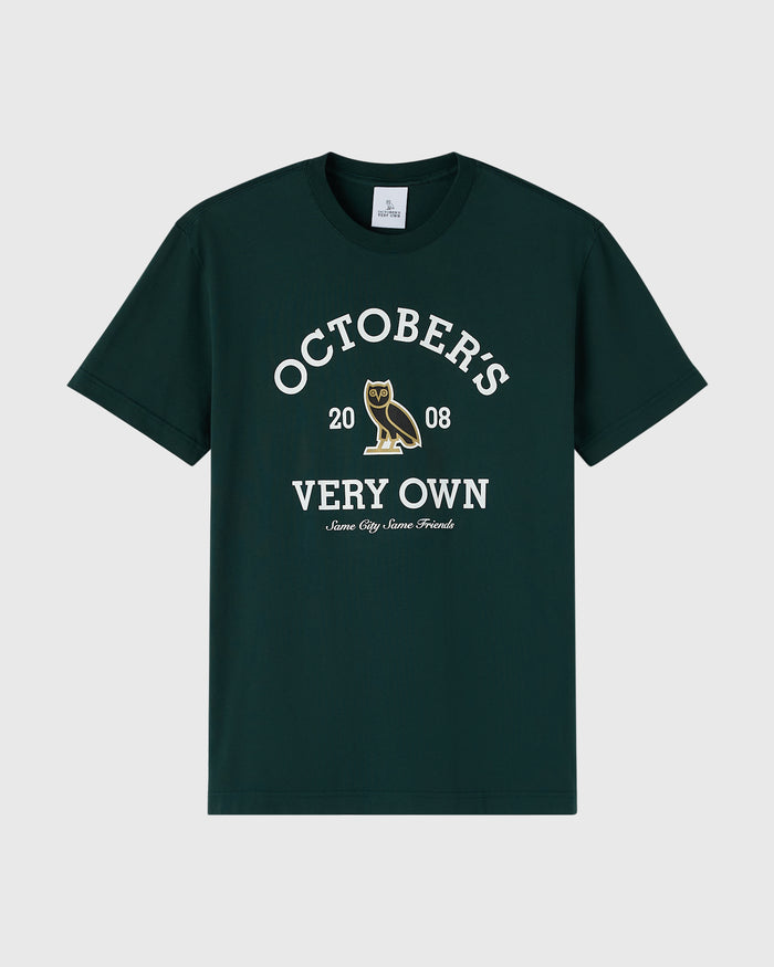 Midnight green short-sleeve tee with white "Octobers Very Own" text and owl graphic.