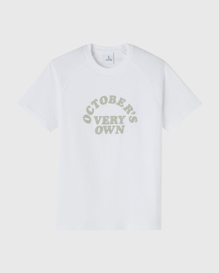 White raglan tee with "Octobers Very Own" text printed in sage green across the chest.