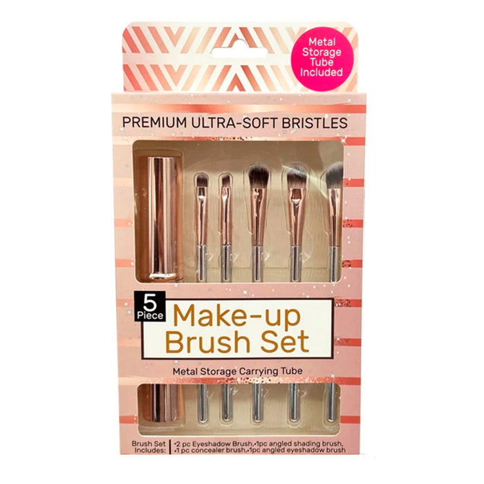 Cosmetic Brush Set with Metal Storage Carrying Tube 5pk