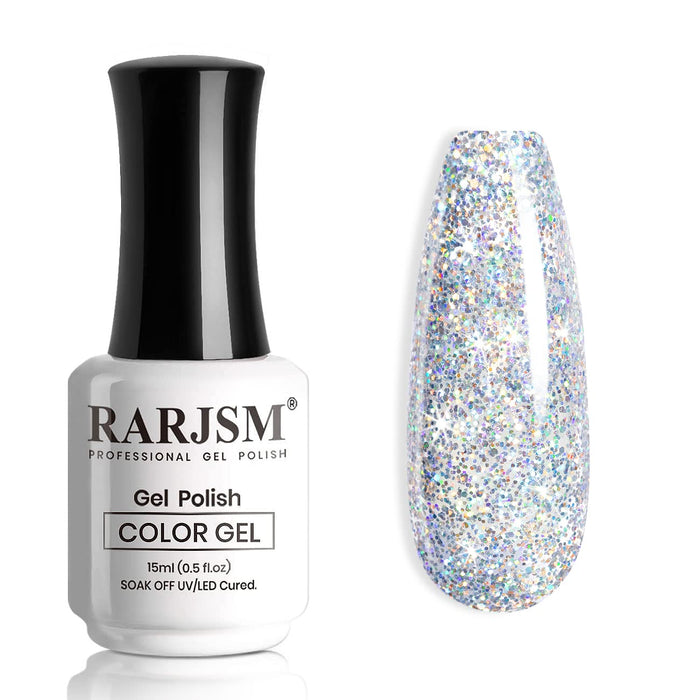 Cosmic Silver R403 holographic glitter gel polish bottle 15ml with ultra-dense rainbow iridescent sparkle swatch TPO HEMA free
