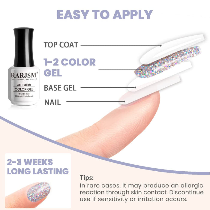 Cosmic silver glitter gel polish application guide 4 steps - base gel color gel top coat 2-3 weeks long-lasting safety tips