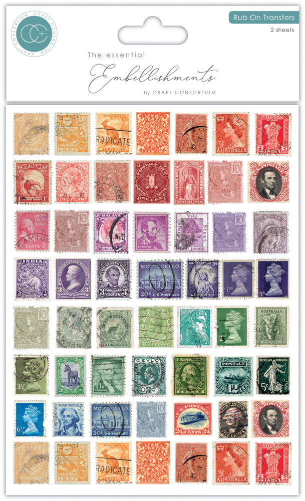 Craft Consortium Rub-on Transfers - Used Stamps. A set of 2 sheets, both sheets with the same design. Available at Embellish Away in Bowmanville Ontario Canada.