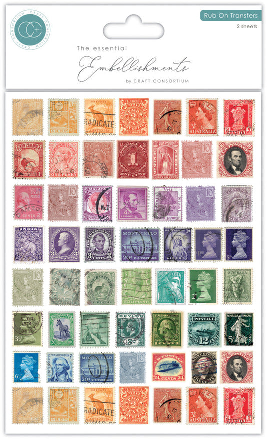 Craft Consortium Rub-on Transfers - Used Stamps. A set of 2 sheets, both sheets with the same design. Available at Embellish Away in Bowmanville Ontario Canada.
