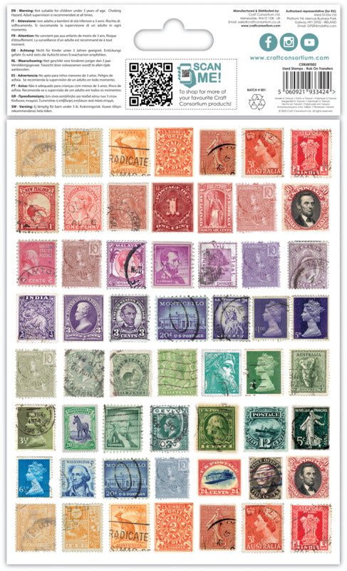 Craft Consortium Rub-on Transfers - Used Stamps. A set of 2 sheets, both sheets with the same design. Available at Embellish Away in Bowmanville Ontario Canada.