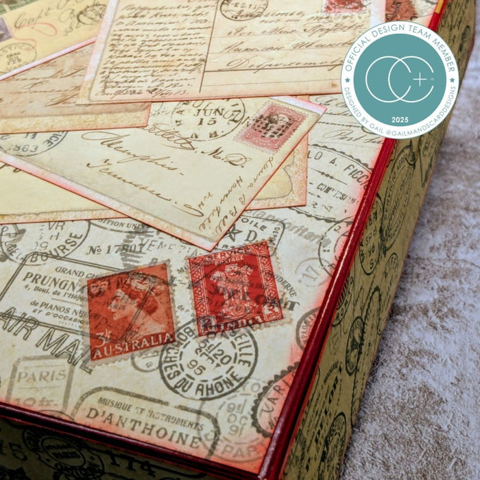 Craft Consortium Rub-on Transfers - Used Stamps. A set of 2 sheets, both sheets with the same design. Available at Embellish Away in Bowmanville Ontario Canada. Example by brand ambassador.