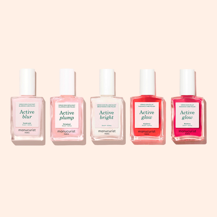 The Manucurist Customizable Active™ 5-pack features five nail care polishes—Active Blur, Active Plump, Active Bright, and two shades of Active Glow—lined up on a light beige background for a personalized manicure.