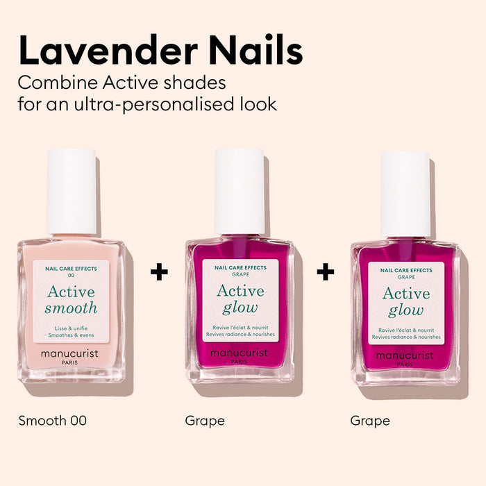 Three bottles of nail polish labeled Active Smooth (light pink) and two Manucurist Active™ Glow Grape (purple) are displayed under the heading Lavender Nails, with instructions to combine shades for a personalized look. Achieve a natural shine and elevate your nail care routine by blending these beautiful tones or adding a touch of Manucurist Active™ Glow Grape for a unique finish.