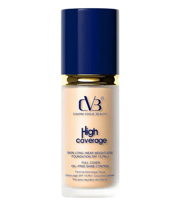 Foundation bottle with blue cap and beige body on a white background
