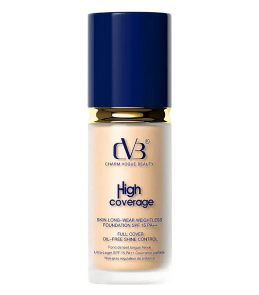 Foundation bottle with blue cap and beige body on a white background