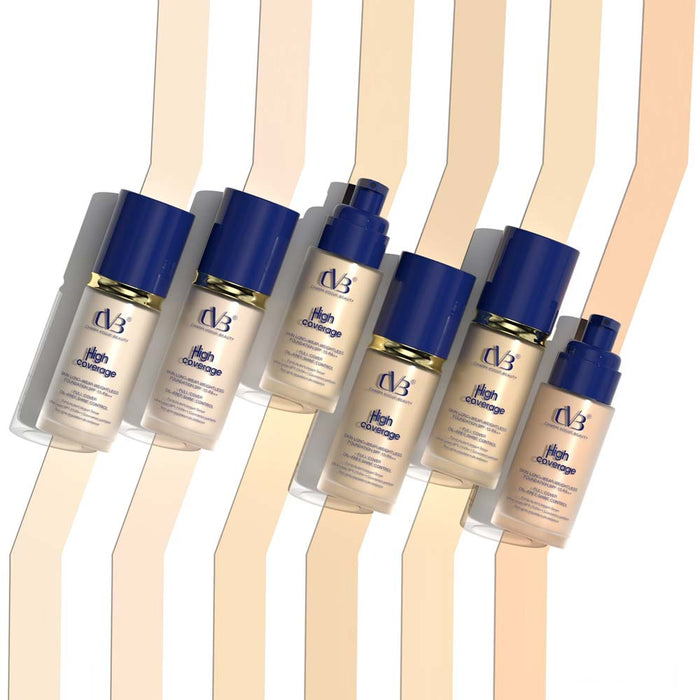 Set of IVB foundation bottles with blue caps on a white background