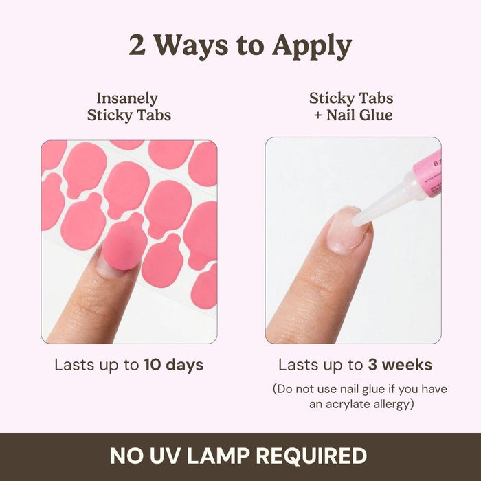 Apply EyeCandys Daisy Does It Press-On Nails two ways: use pink sticky tabs for up to 10 days or nail glue for up to 3 weeks. Get salon gel manicure results at home—no UV lamp needed!.