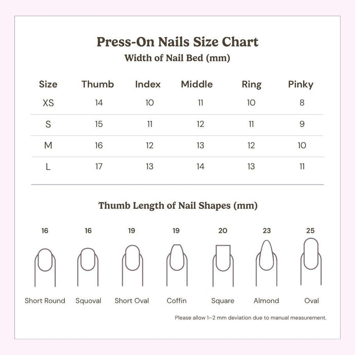 Chart displaying EyeCandys Daisy Does It Press-On Nails sizes (XS-L) with finger widths in mm, plus illustrations of 6 nail shapes and trendy spring designs—ideal for a salon gel manicure look with handmade press-ons.