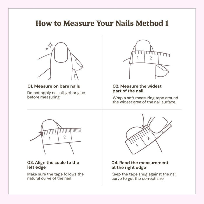 Four illustrated steps show how to measure your nails with a ruler—each features text and simple line drawings for accurate width and curve measurements, ideal for choosing EyeCandys Daisy Does It Press-On Nails or planning a salon gel manicure.
