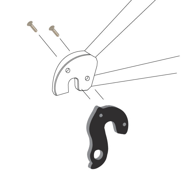 Hanger #179 attaches to the frame's rear dropout from the outside using two M4x8 screws.