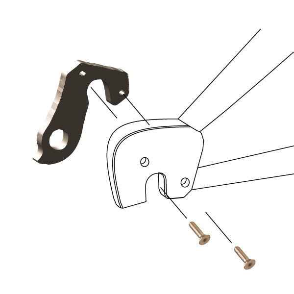 Hanger #185 attaches to the frame's rear dropout from the inside, or hub side, using two M3x8 screws.