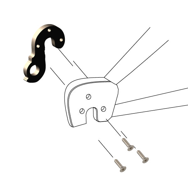 Hanger #197 attaches to the frame's rear dropout from the inside, or hub side, using three M4x10 screws.