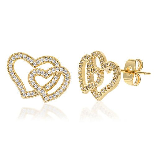 Diamond Look Cubic Zirconia Micro Pave Double Heart Earring - ikatehouse