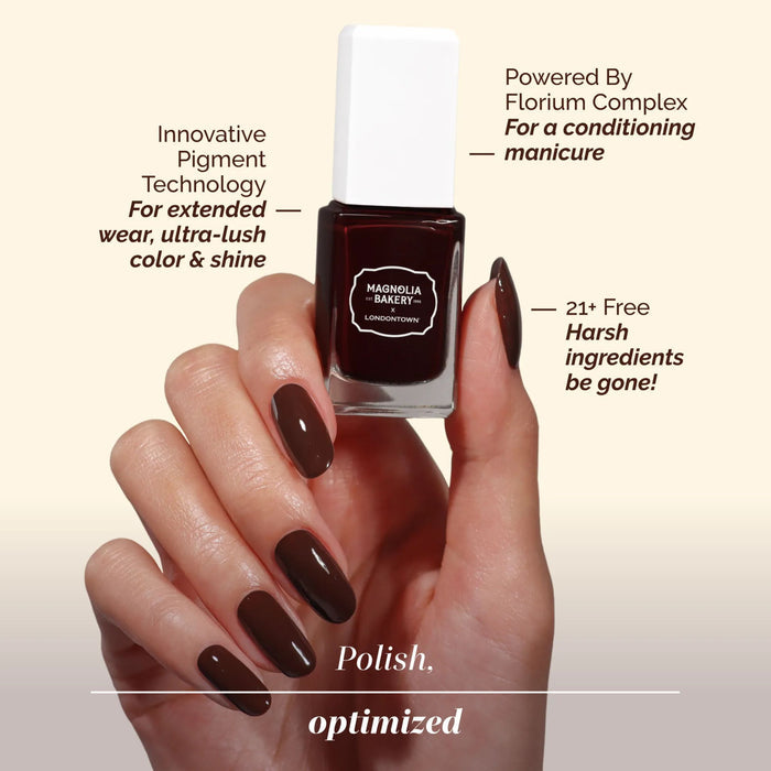 Hand holding a bottle of LONDONTOWN Double Fudge nail polish, with text highlighting its long-lasting wear, conditioning formula, 21+ free from harsh ingredients, and enriched with innovative pigment technology.