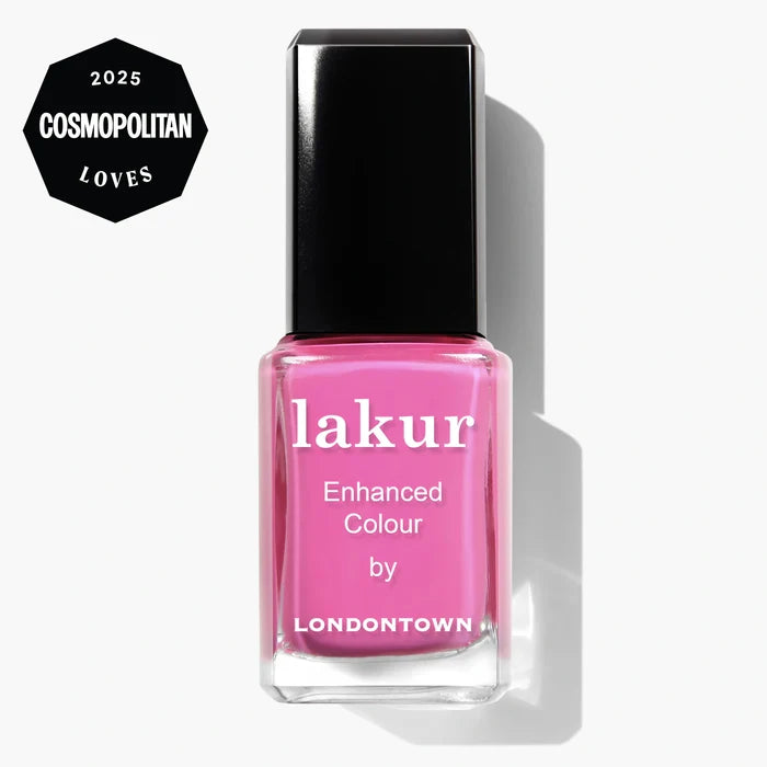 A bottle of LONDONTOWN Fruit Tella cruelty-free nail polish with a "2025 Cosmopolitan Loves" award badge in the top left corner.