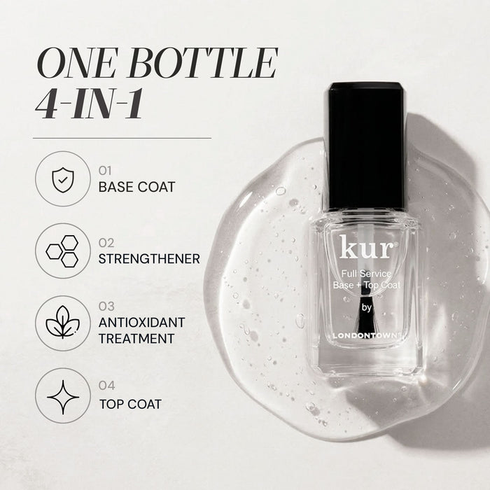 A bottle of LONDONTOWN's Full Service Base + Top Coat rests on a light surface, with text noting its four-in-one use as a base coat, strengthener, antioxidant treatment, and top coat.