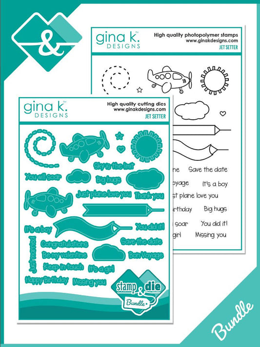 Gina K. Designs - Stamp & Dies - Jet Setter. Set by Beth Silaika. Available at Embellish Away located in Bowmanville Ontario Canada.