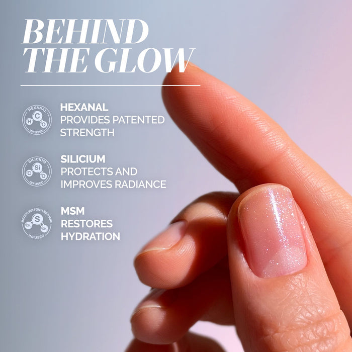 A close-up of a hand with luminous, manicured nails using LONDONTOWN's Glow Getter Nail Luminizer - Diamanté appears next to text listing the nail health benefits of Hexanal, Silicium, and MSM.