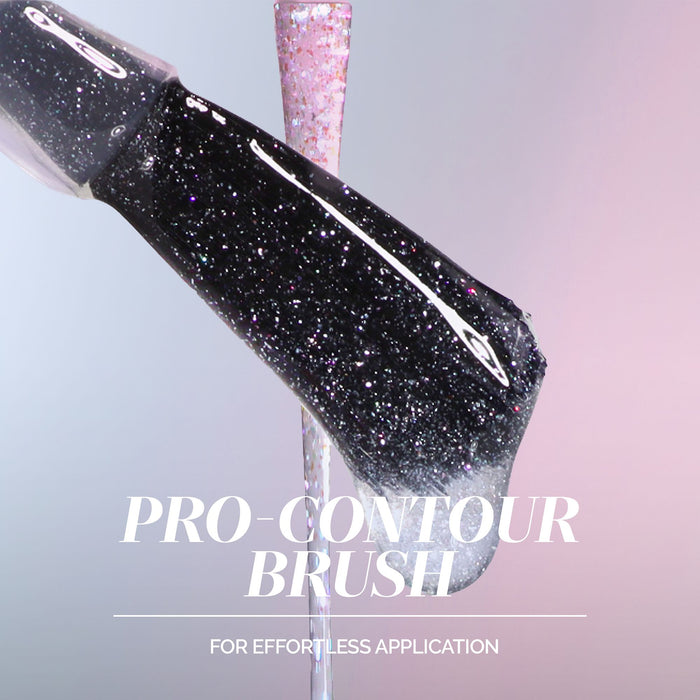 LONDONTOWN's Glow Getter Nail Luminizer - Diamanté is being applied with a Pro-Contour Brush for effortless, 360° care, giving your nails an ethereal, black glitter finish.