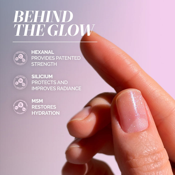 A close-up of a manicured nail showcases LONDONTOWN's Glow Getter Nail Luminizer - Prism. "Behind the Glow" highlights Hexanal for strength, Silicium for radiance, and MSM for hydration—360° care for an ethereal finish.