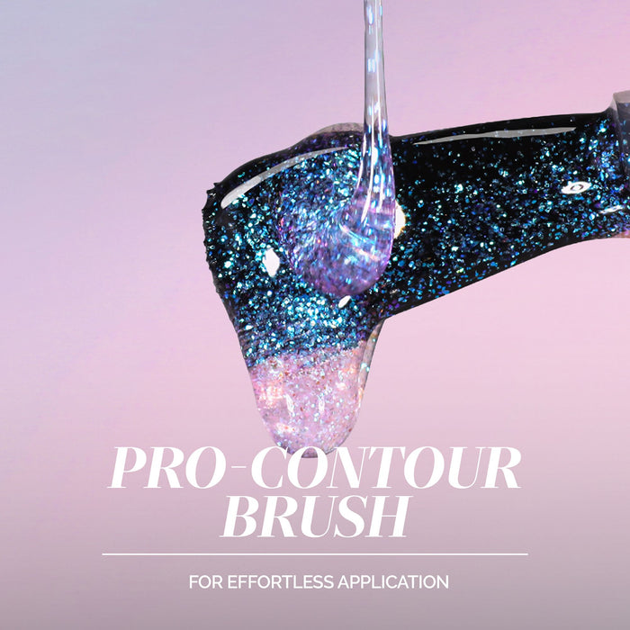 A bottle of LONDONTOWN Glow Getter Nail Luminizer - Prism shines with blue and purple glitter against a pink background. Text reads: "GLOW GETTER NAIL LUMINIZER. PRISM. 360° CARE FOR AN ETHEREAL FINISH. FOR EFFORTLESS APPLICATION.
