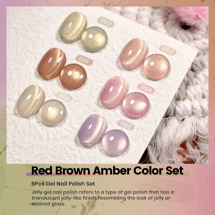 Golden horizon gold shimmer jelly gel polish detailed swatches showing 6 colors 990-995 with translucent jelly finish and golden sparkle for autumn