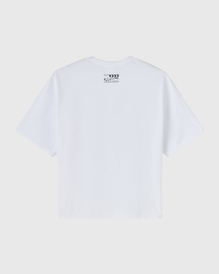 White short-sleeve t-shirt with small black graphic print on upper back.