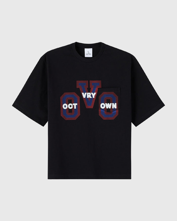 Black short-sleeve tee with red and white graphic text reading "OCT VRY OWN" on chest.