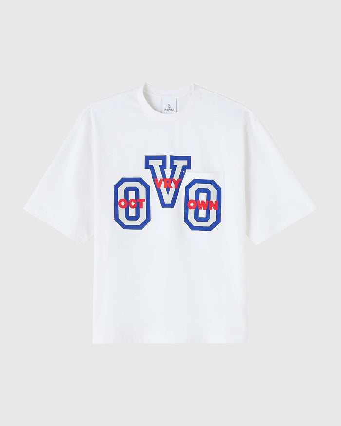 White short-sleeve tee with blue and red graphic print on chest.