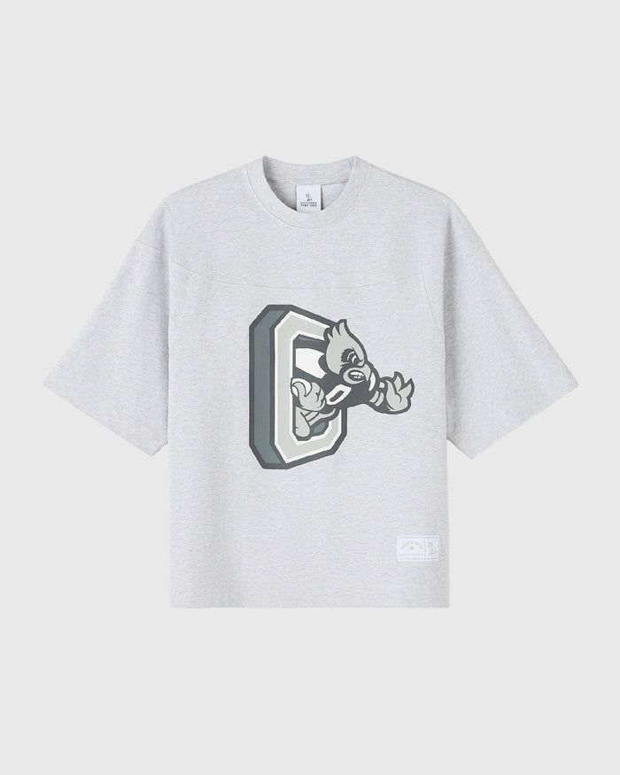 Ash heather grey t-shirt with grey and white mascot character graphic on chest.
