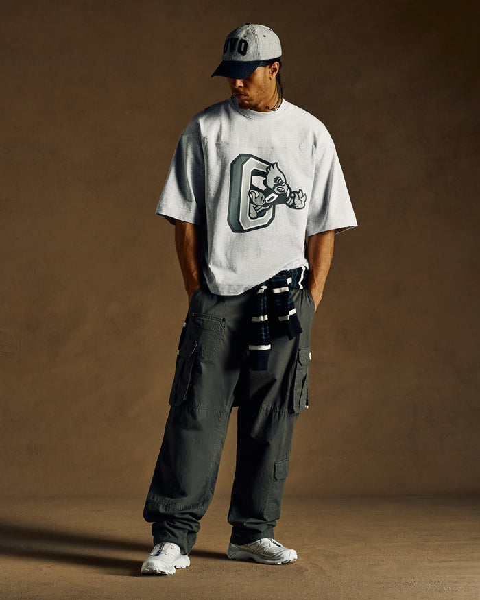 Ash heather grey t-shirt with dark mascot graphic on chest, short sleeves, oversized fit.