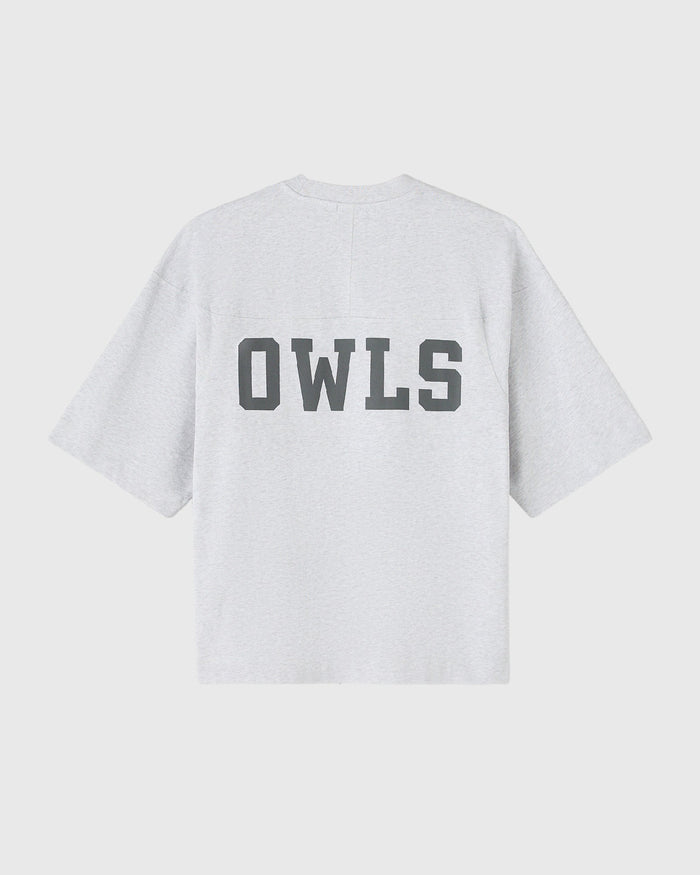 Ash heather grey short-sleeve t-shirt with "OWLS" printed in dark grey letters across the back.