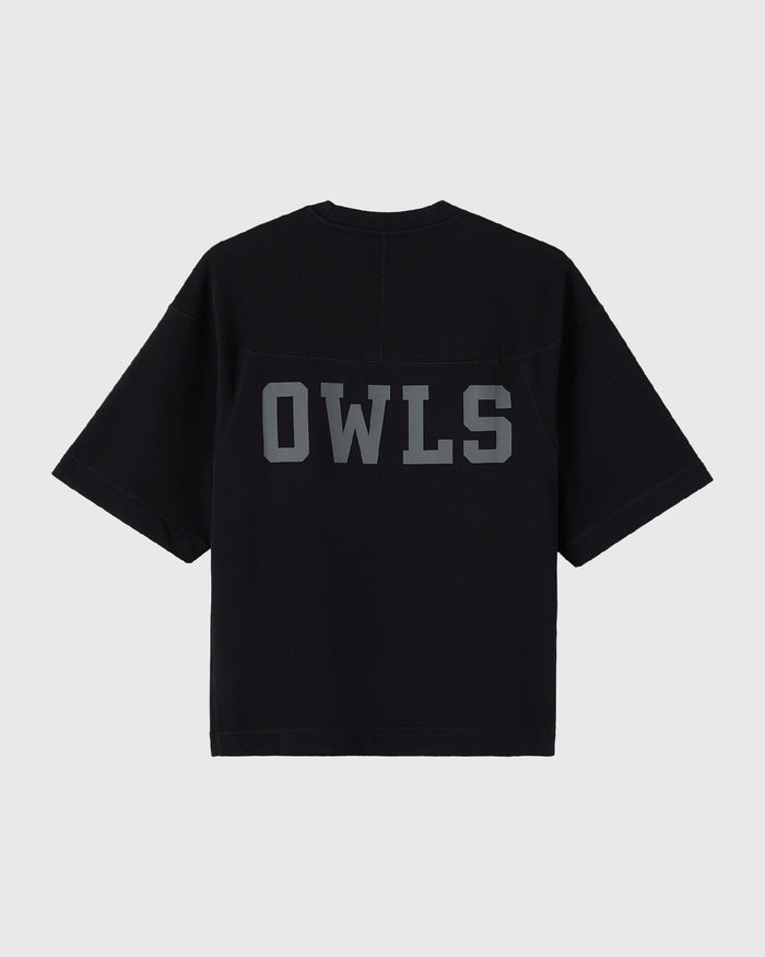 Black short-sleeve tee with gray "OWLS" mascot text printed on chest.