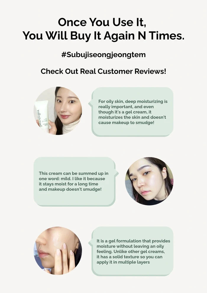 Advertisement for a skincare product with customer testimonials on a light green background.