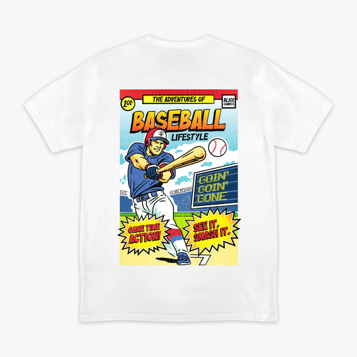 White graphic tee with "Home Run Hero" design — back view