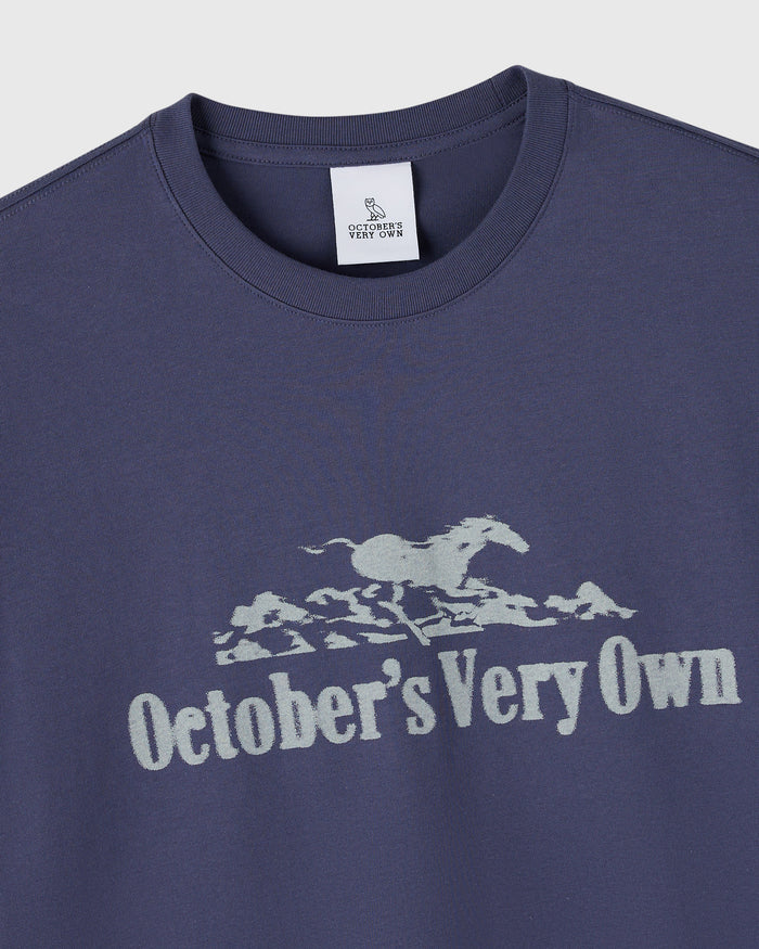 Navy blue t-shirt with white horse and "October's Very Own" graphic printed on chest.