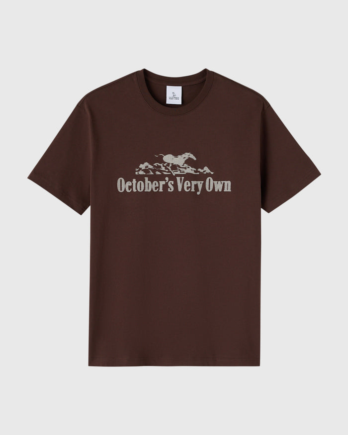 Fern brown t-shirt with horse and "October's Very Own" text graphic on chest.