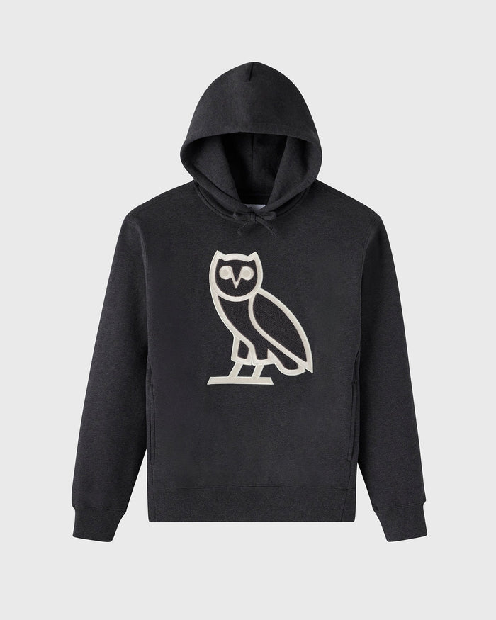 Black hoodie with white owl icon printed on chest.