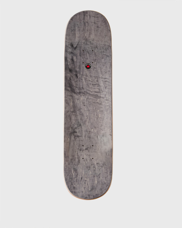 Black skateboard deck with rounded ends, red circular icon in center, and mounting holes near the bottom.