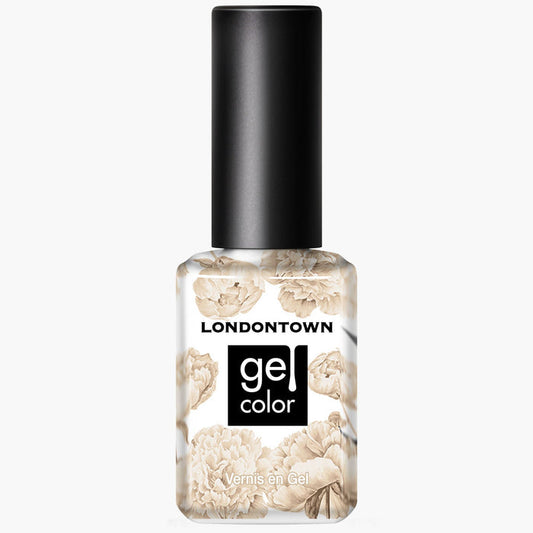 A bottle of LONDONTOWN Isla Bonita gel color nail polish with a black cap, floral label, and a shimmering molten gold hue.