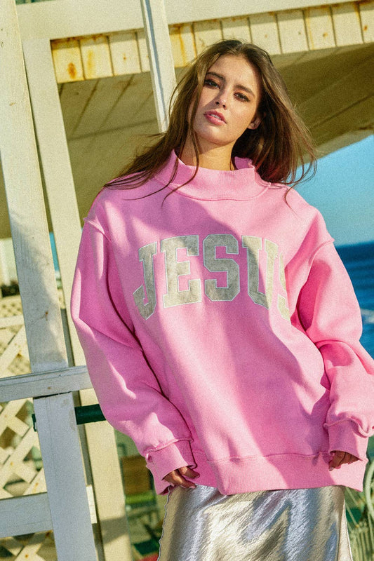 Jesus | Camo Embroidered Mockneck Sweatshirt: BUBBLEGUM PINK