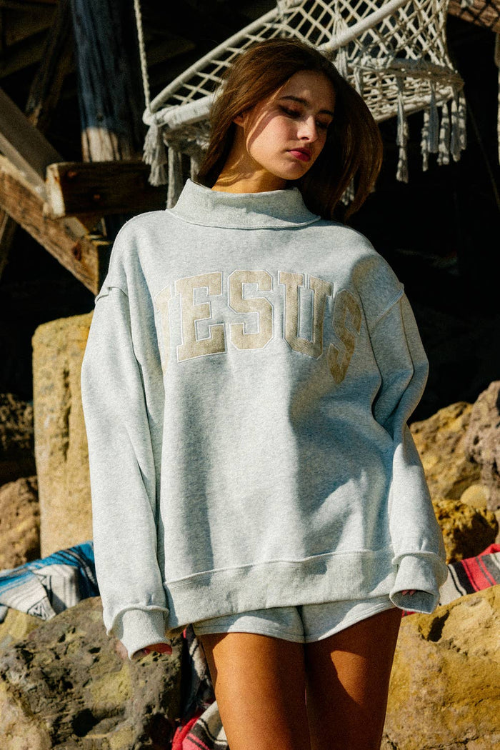 Jesus | Camo Embroidered Mockneck Sweatshirt: BUBBLEGUM PINK