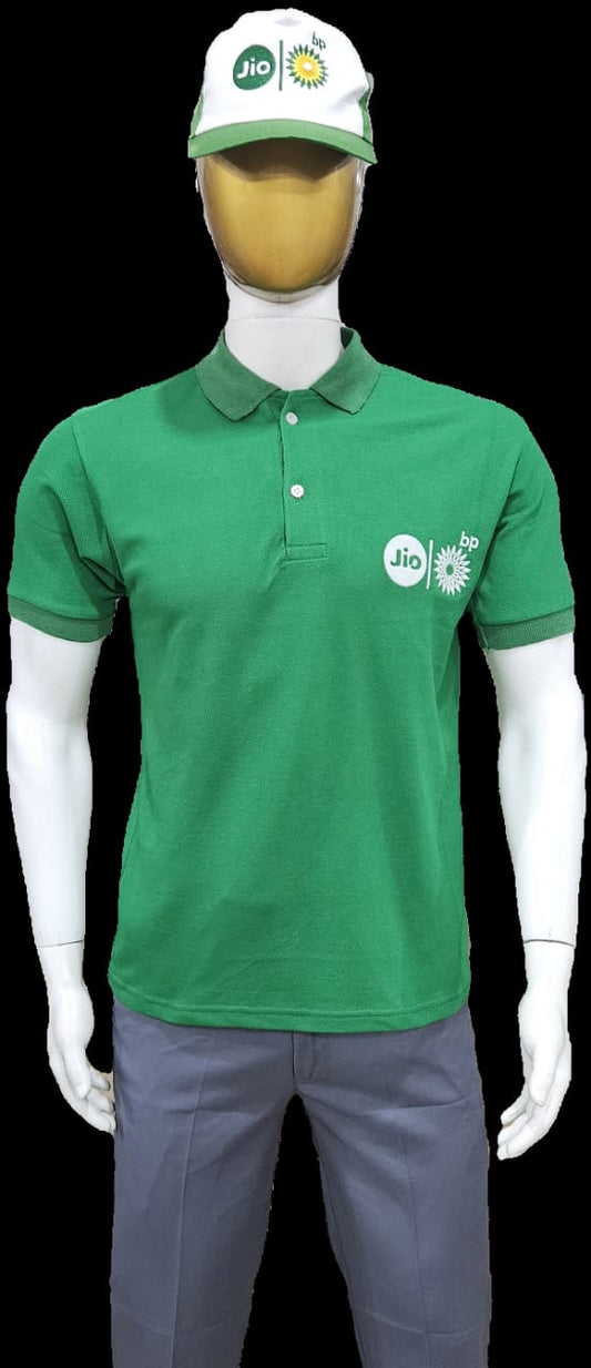 JIO-BP PETROL PUMP UNIFORM SET. T-Shirt: Green with Grey Trouser & P-Cap